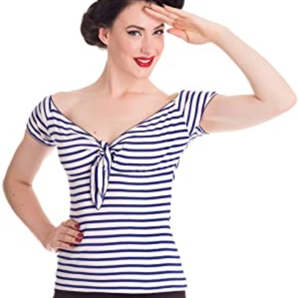 Hell Bunny Nautical Striped Sailor Vintage Top 3x - Picture 1 of 4